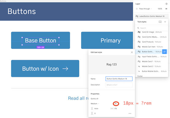 Affichage des styles d’un calque texte dans Figma, avec la légende demandant combien font 18 pixels en rem
