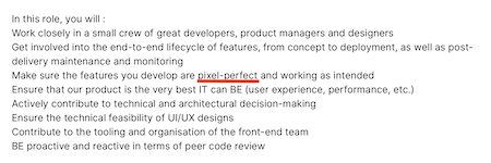 Extrait d’offre d’emploi évoquant le pixel perfect