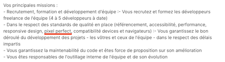 Extrait d’offre d’emploi évoquant le pixel perfect